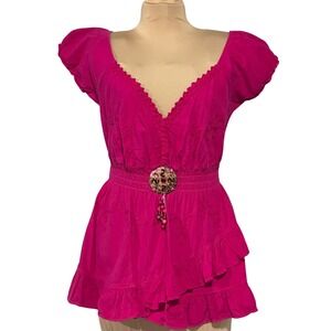 Hot Pink O/S Peplum Top‎ Ruffle Hem Embroidered Details Puff Cap Sleeve Bohemian